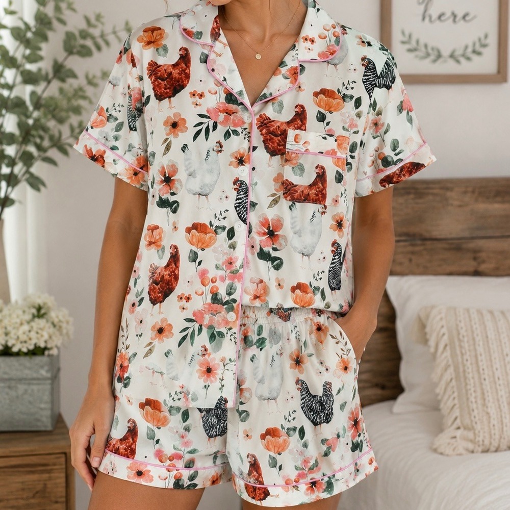 Farmhouse Chicken Print Pajama Set Womens M Floral Lounge Rustic Cottagecore